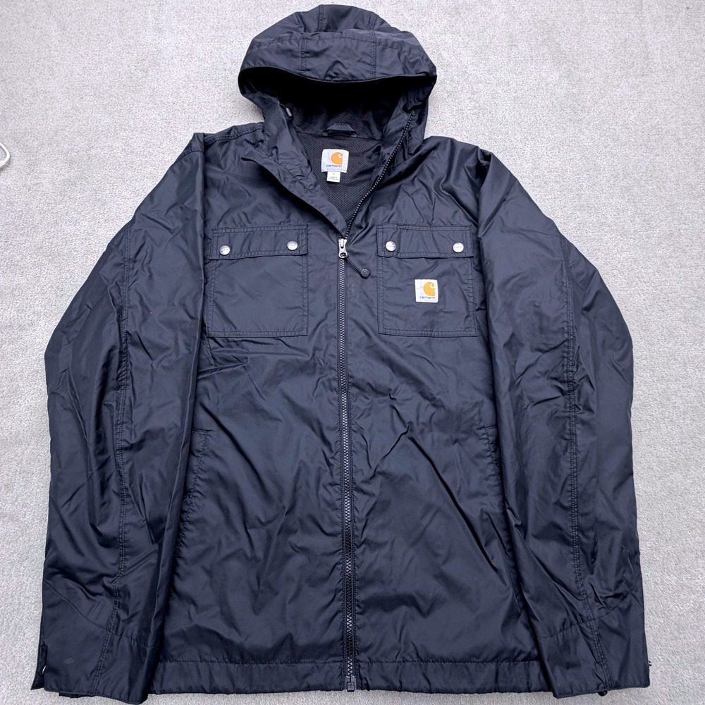 Carhartt Thermal Lined Hooded Windbreaker Mens Size Large Black 100% Nylon Shell